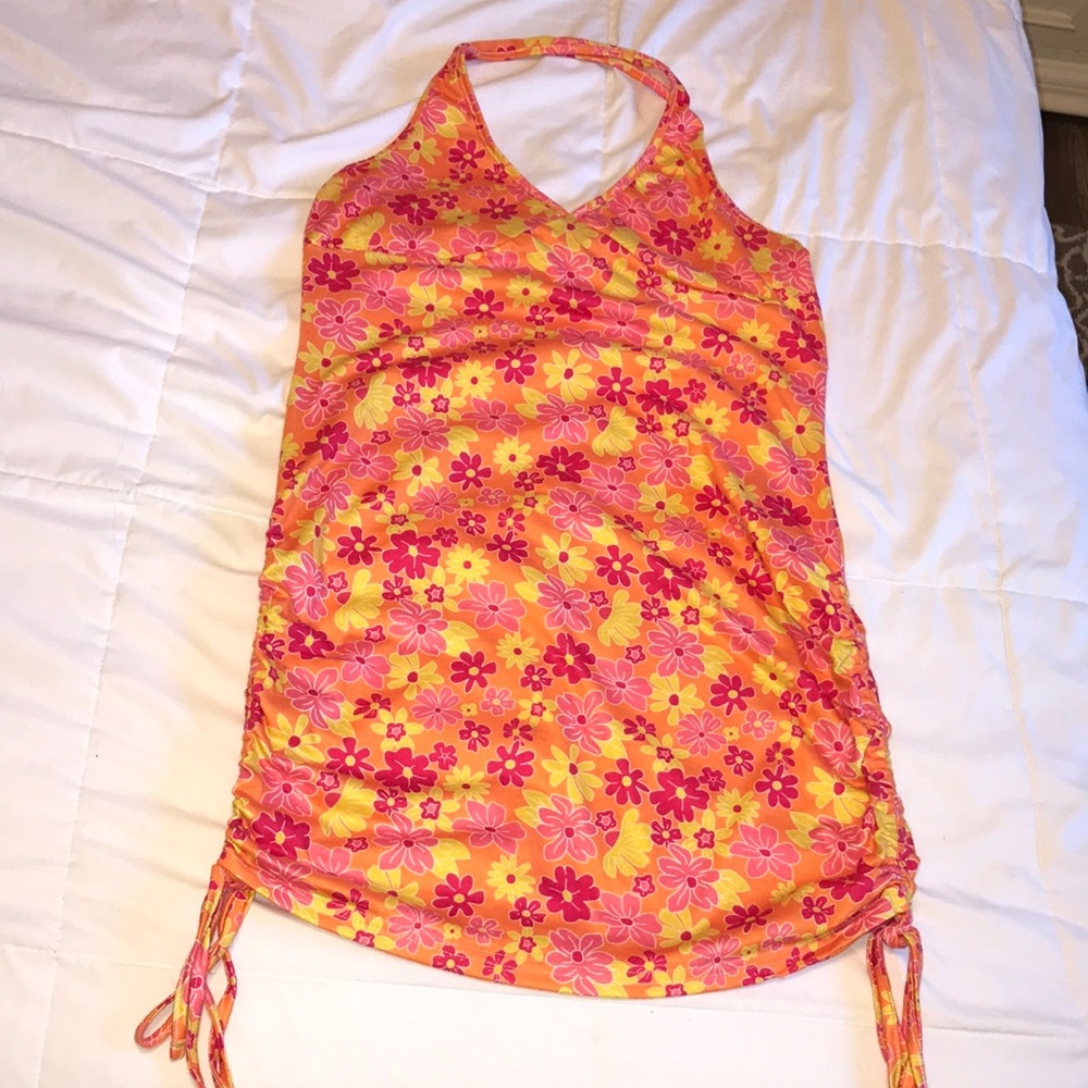 ROMWE Yellow and Pink Floral Halter Mini Dress